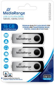MediaRange MR910-3 USB flash drive 16 GB USB Type-A 2.0 Zwart, Zilver